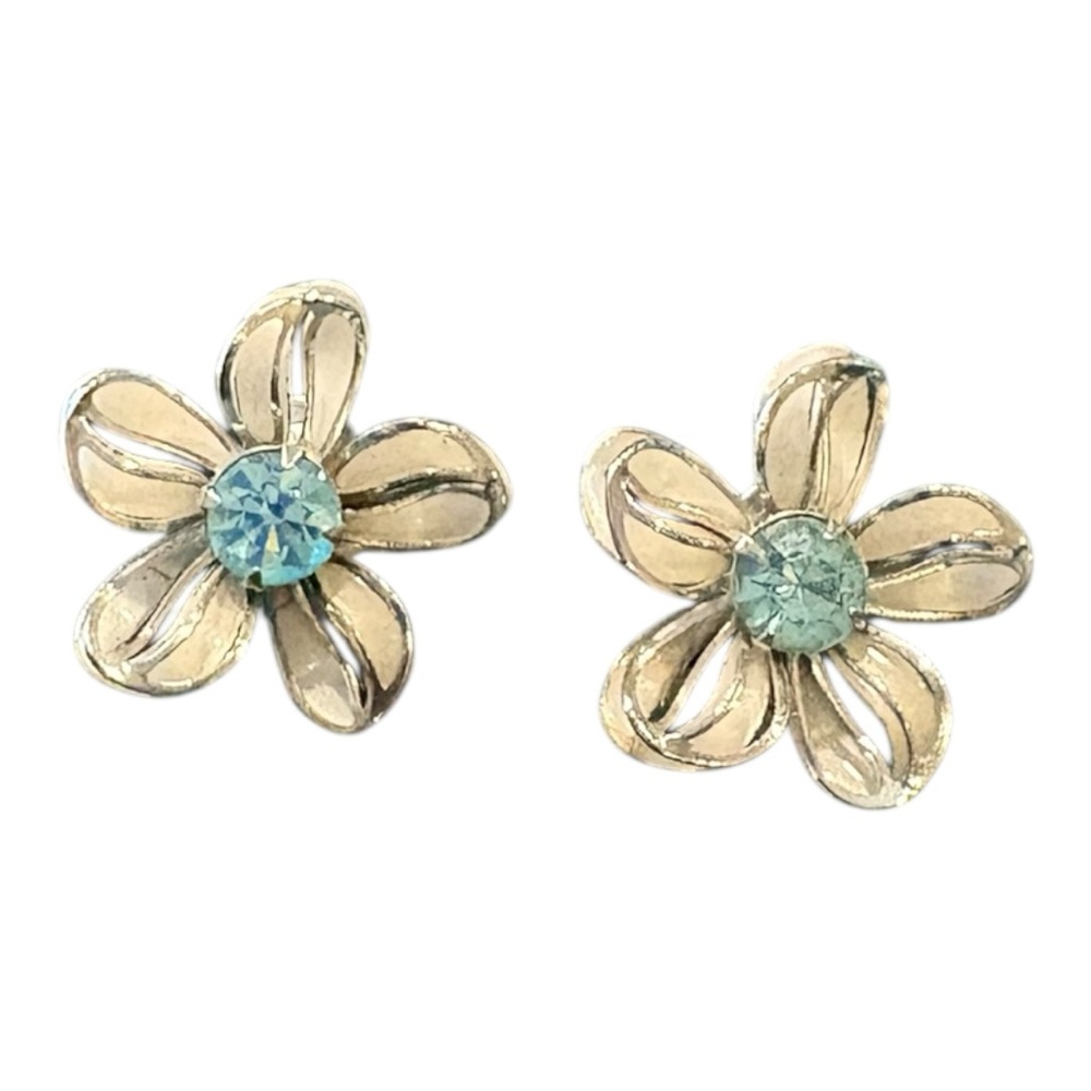 Bugbee & Niles Vintage Floral Screwback Earrings Aqua Rhinestone J26